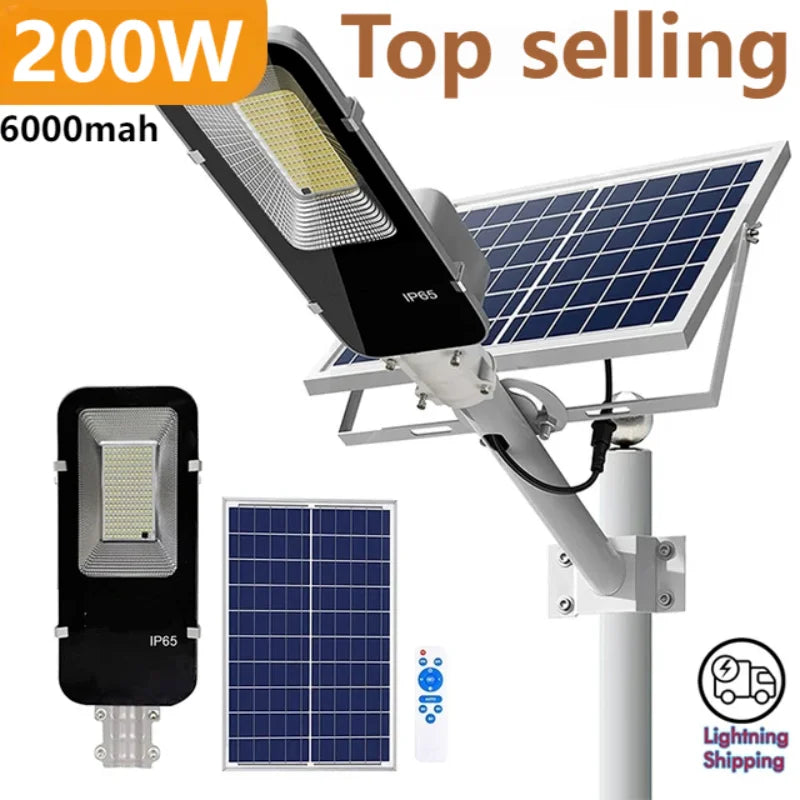 200W lumière solaire puissante lampadaire solaire extérieur 6000mah étanche automatique crépuscule à l'aube réverbère po